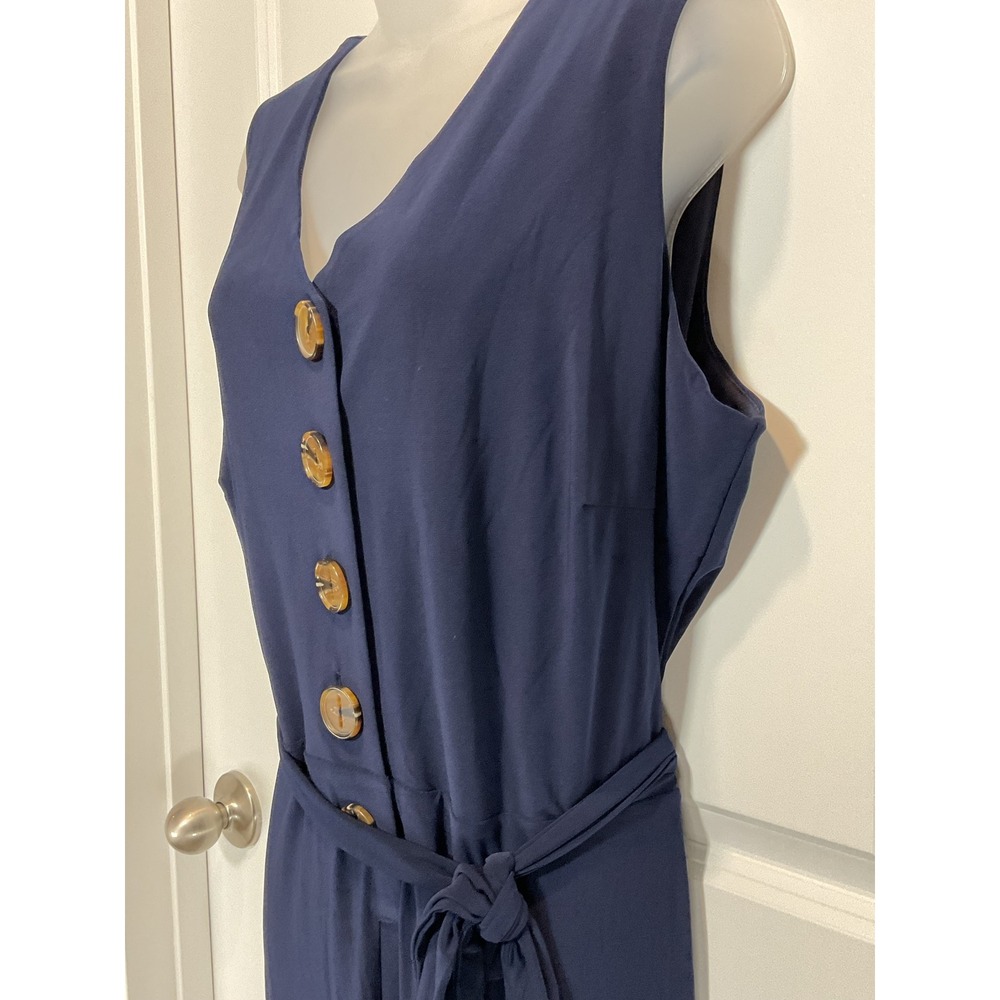 NWT Nina Leonard Navy Blue Jersey Button Front Wide Leg Jumpsuit 1X Casual Party